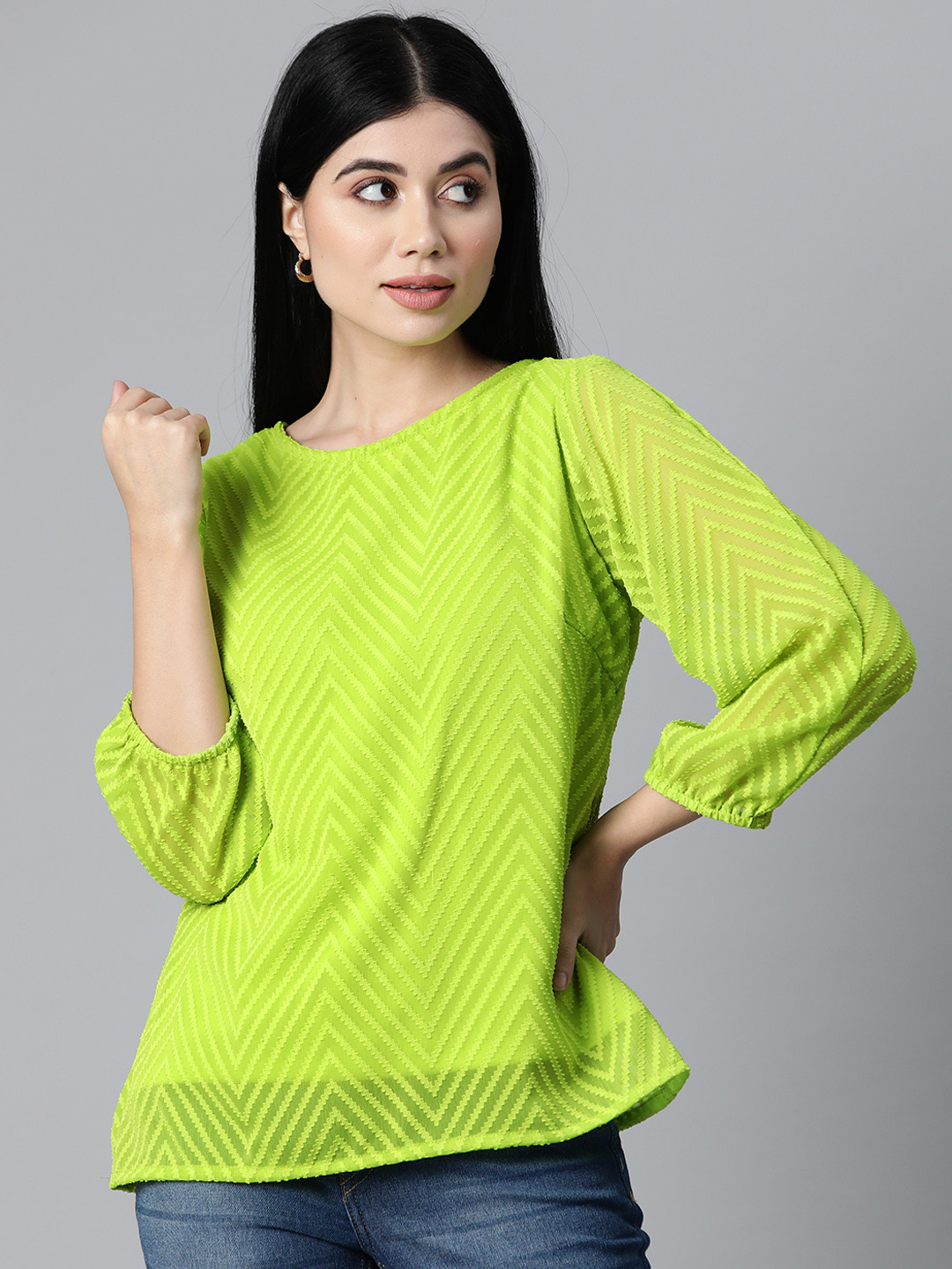 plusS Fluorescent Green Geometric Self Design Top