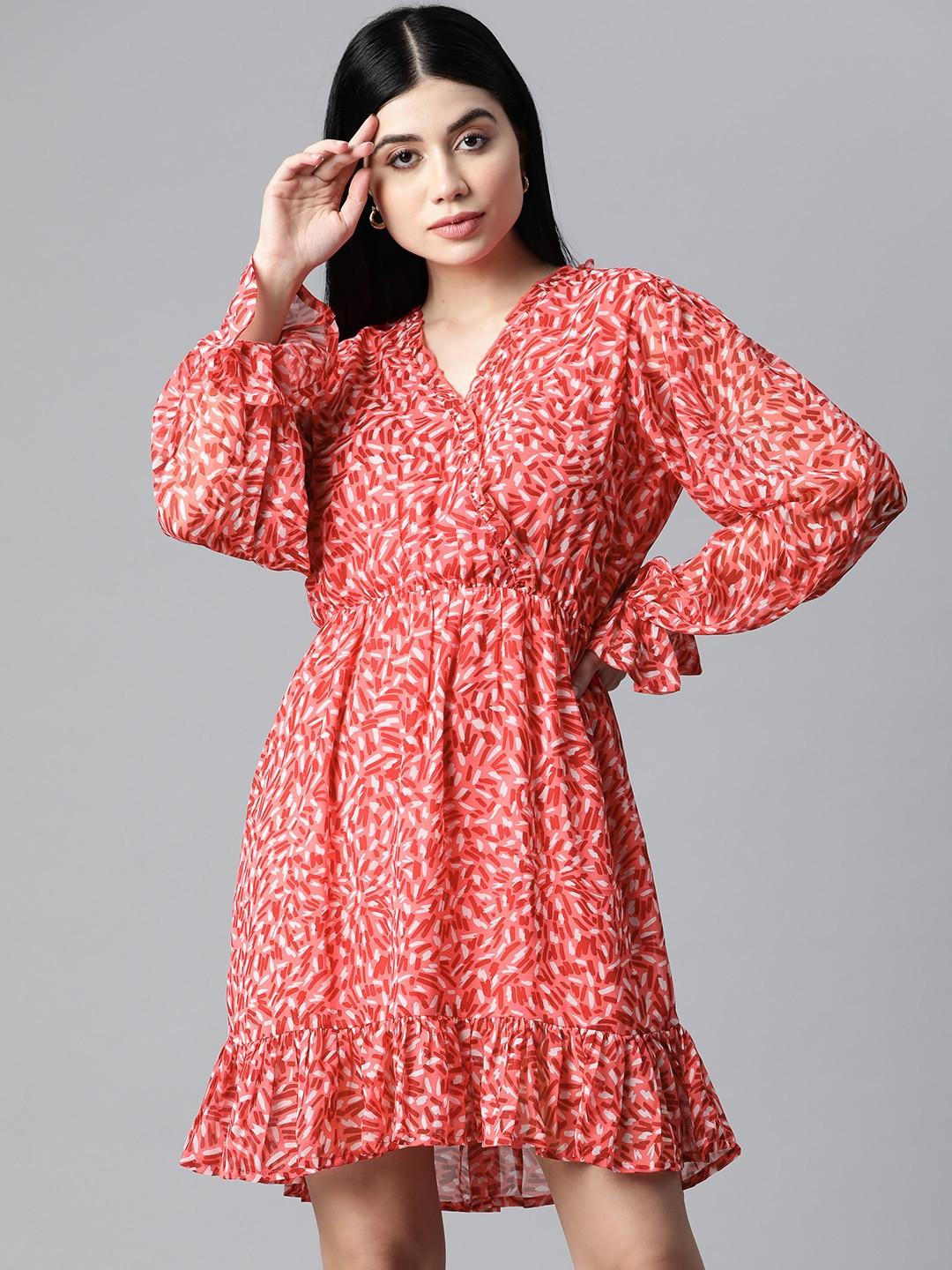 plusS Women Coral Abstract Print Bell Sleeves Dress With Ruffle Detail