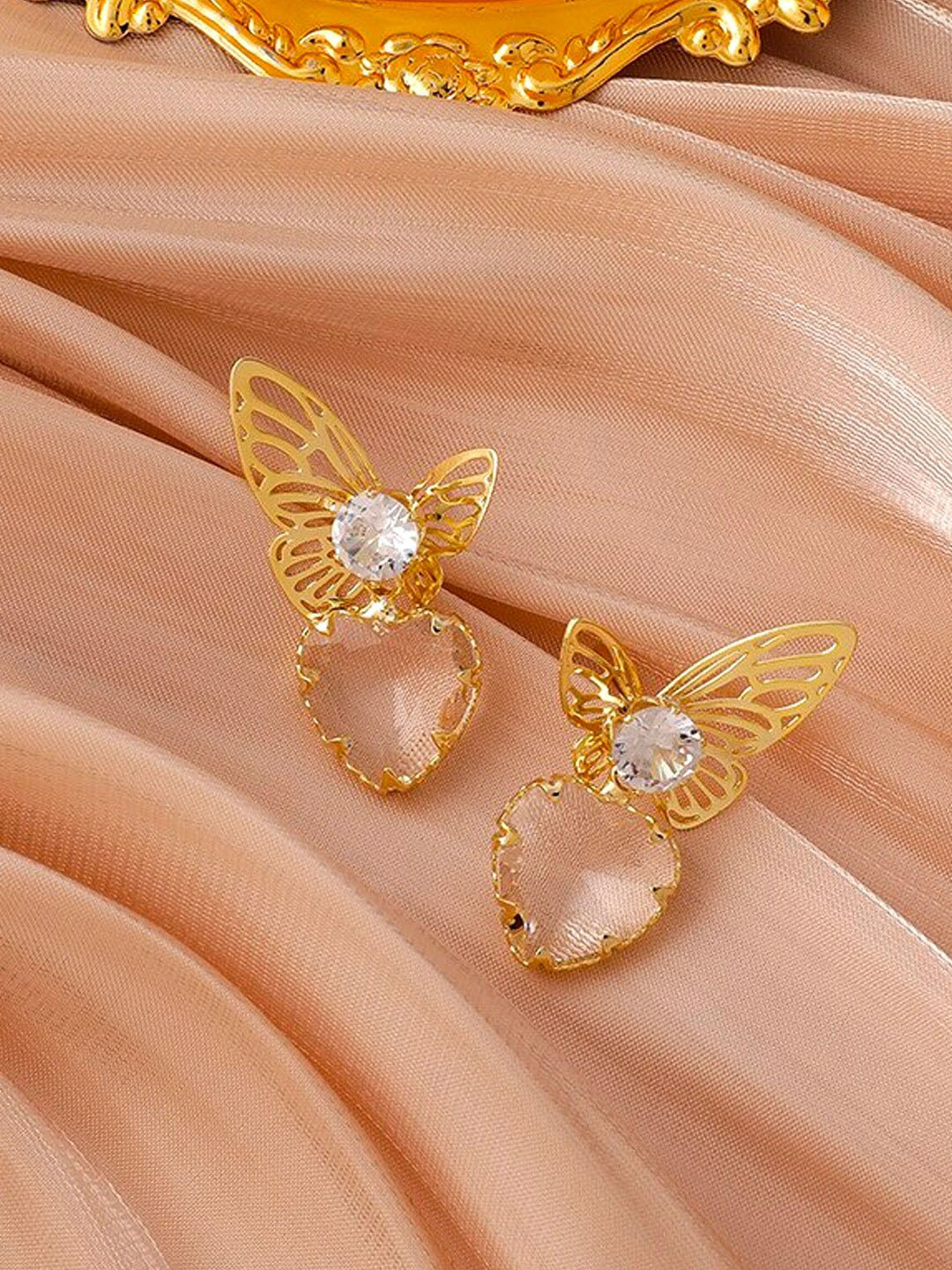 Yellow Chimes Women Gold Toned Butterfly shape Crystal and Pearl Heart Drop Earrings