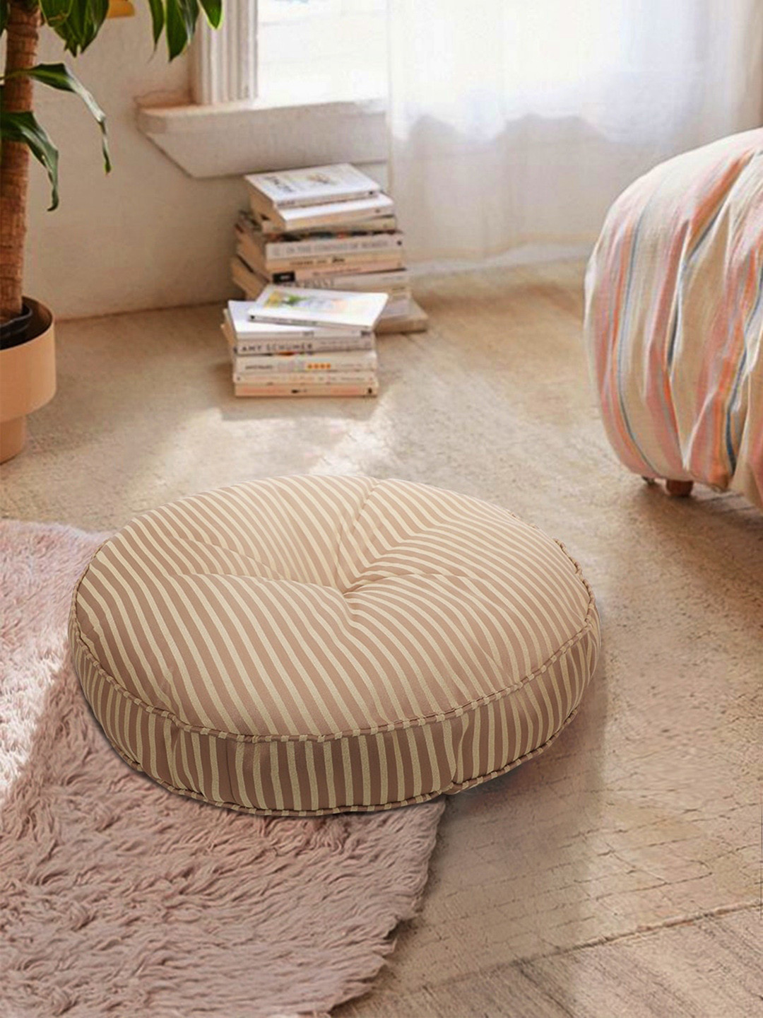 S9home by Seasons Tan Striped Pre-Filled Round Floor Cushion