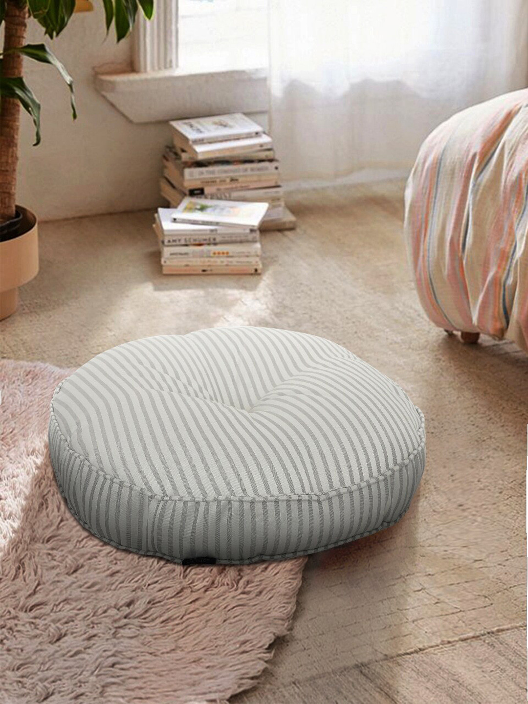 S9home by Seasons Silver-toned and Grey Striped Round Floor Cushion