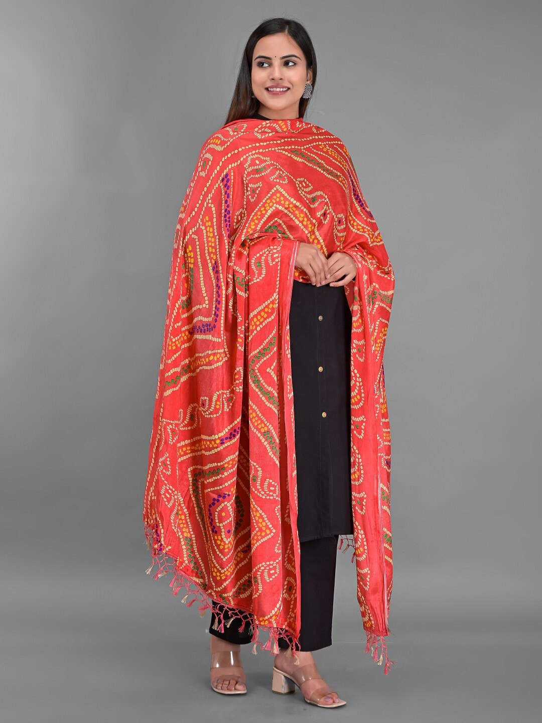 Apratim Peach-Coloured & Green Printed Bandhani Dupatta