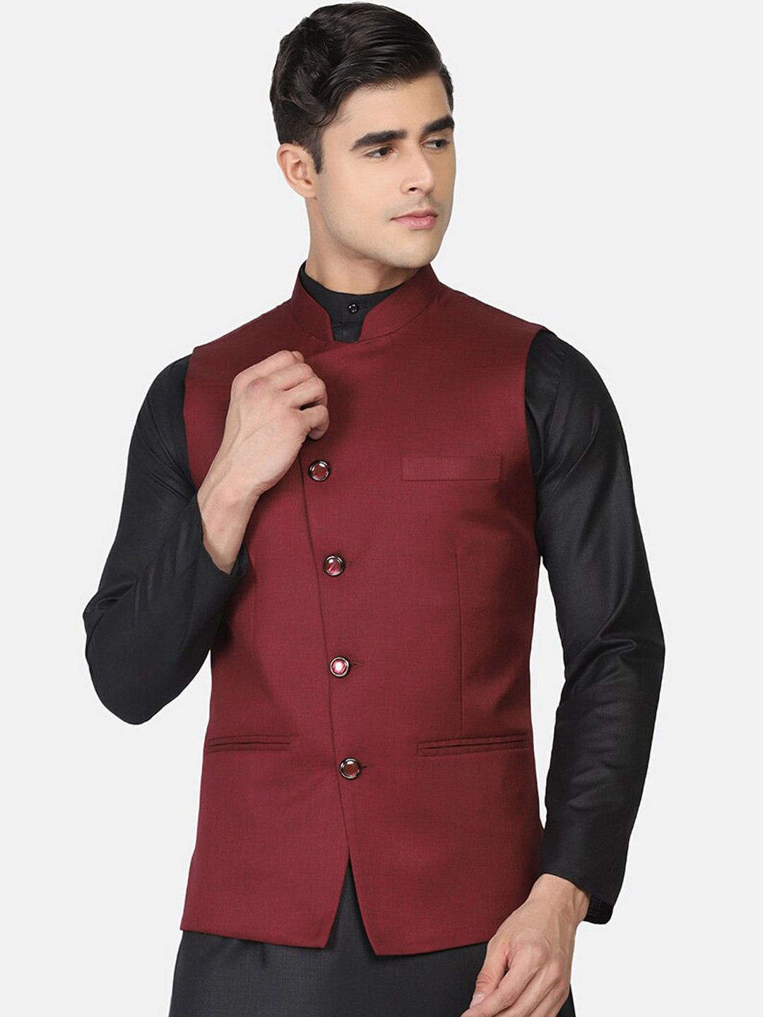 TAHVO Men Maroon Patchwork Kurta & Pyjamas With Nehru Jacket