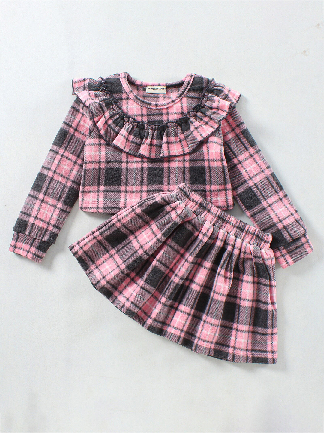 CrayonFlakes Girls Polar Fleece  Pink & Black Printed Top with Skirt