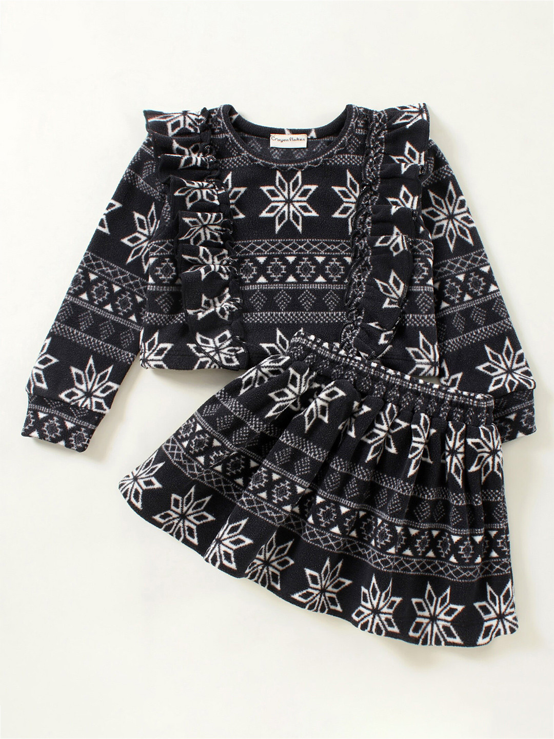 CrayonFlakes Girls Polar Fleece Black & White Printed Top with Skirt