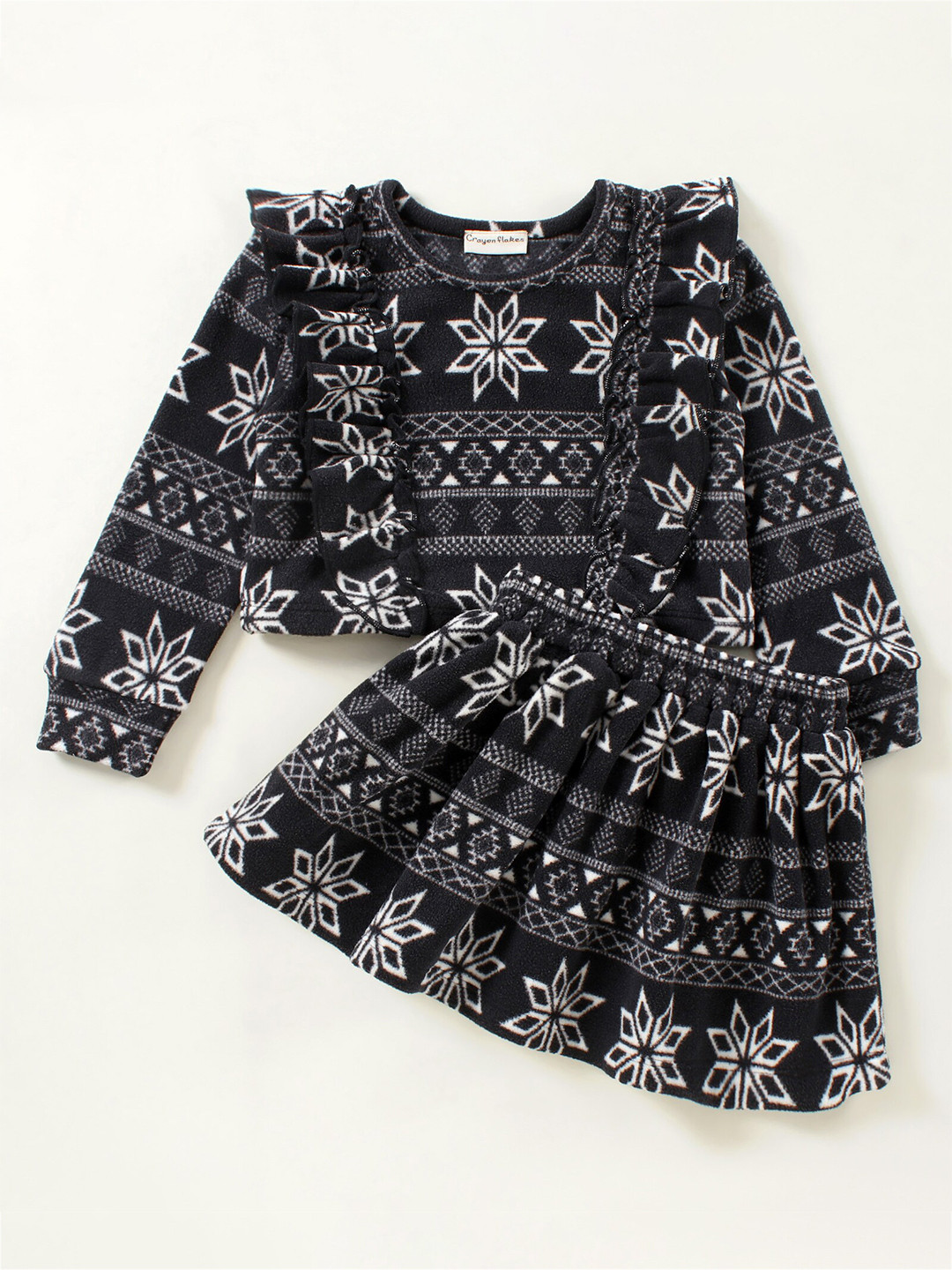 CrayonFlakes Girls Polar Fleece Black & White Printed Top with Skirt
