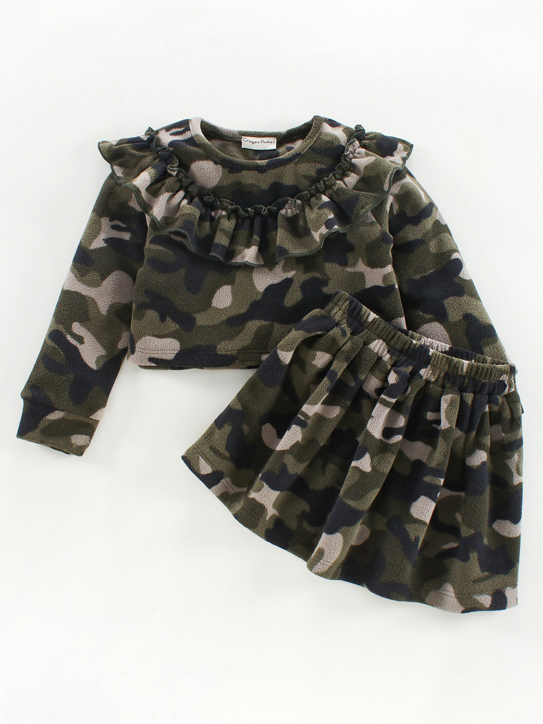 CrayonFlakes Girls Polar Fleece Green & Black Printed Top with Skirt