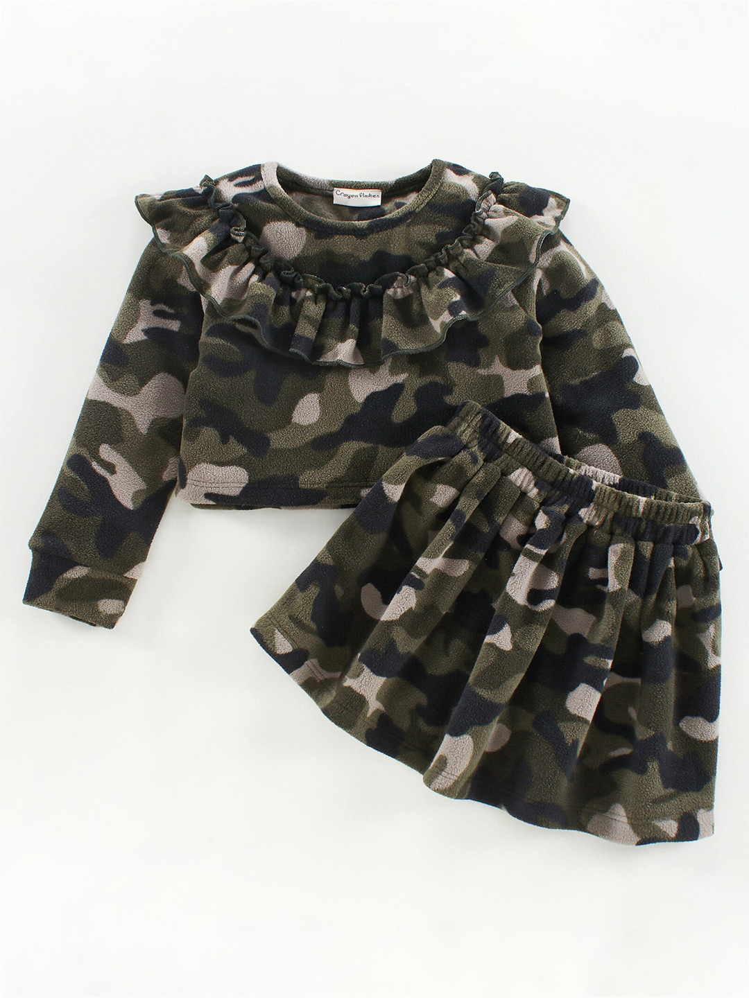 CrayonFlakes Girls Polar Fleece Green & Black Printed Top with Skirt