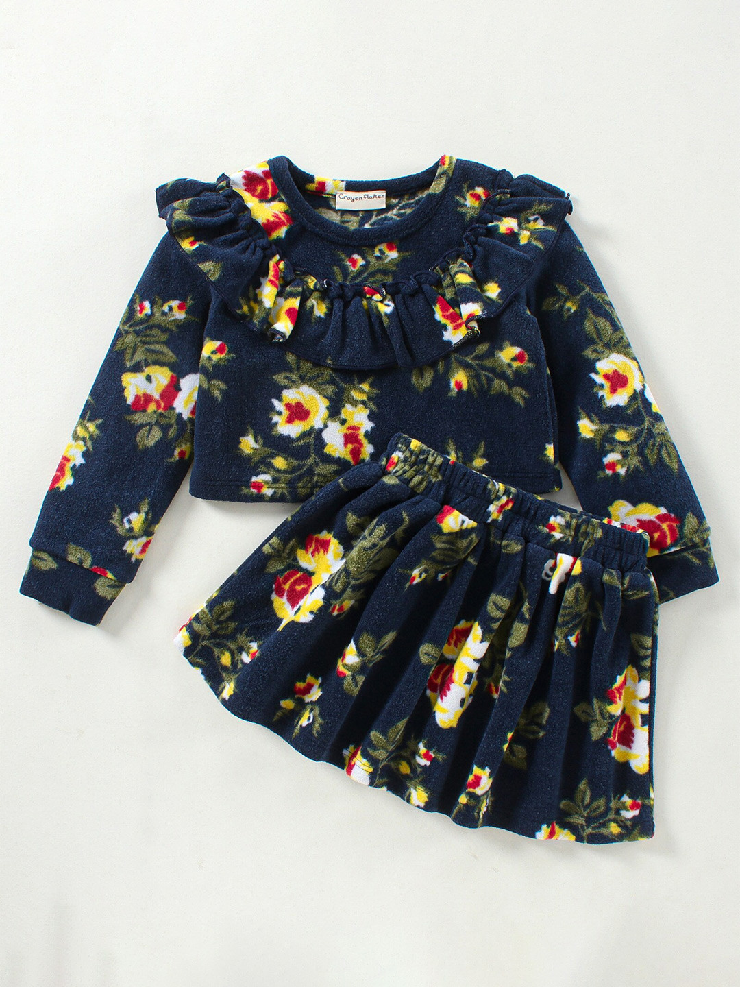 CrayonFlakes Girls Polar Fleece Navy Blue & Green Printed Top with Skirt