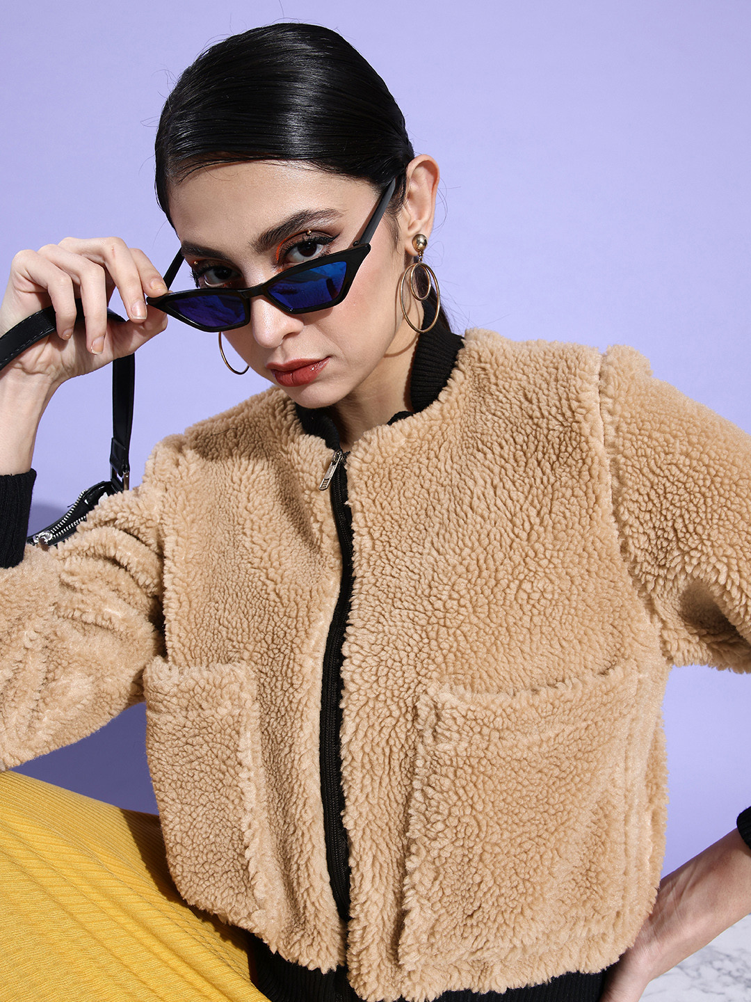 ANVI Be Yourself Women Beige Solid Faux Fur Tailored Jacket