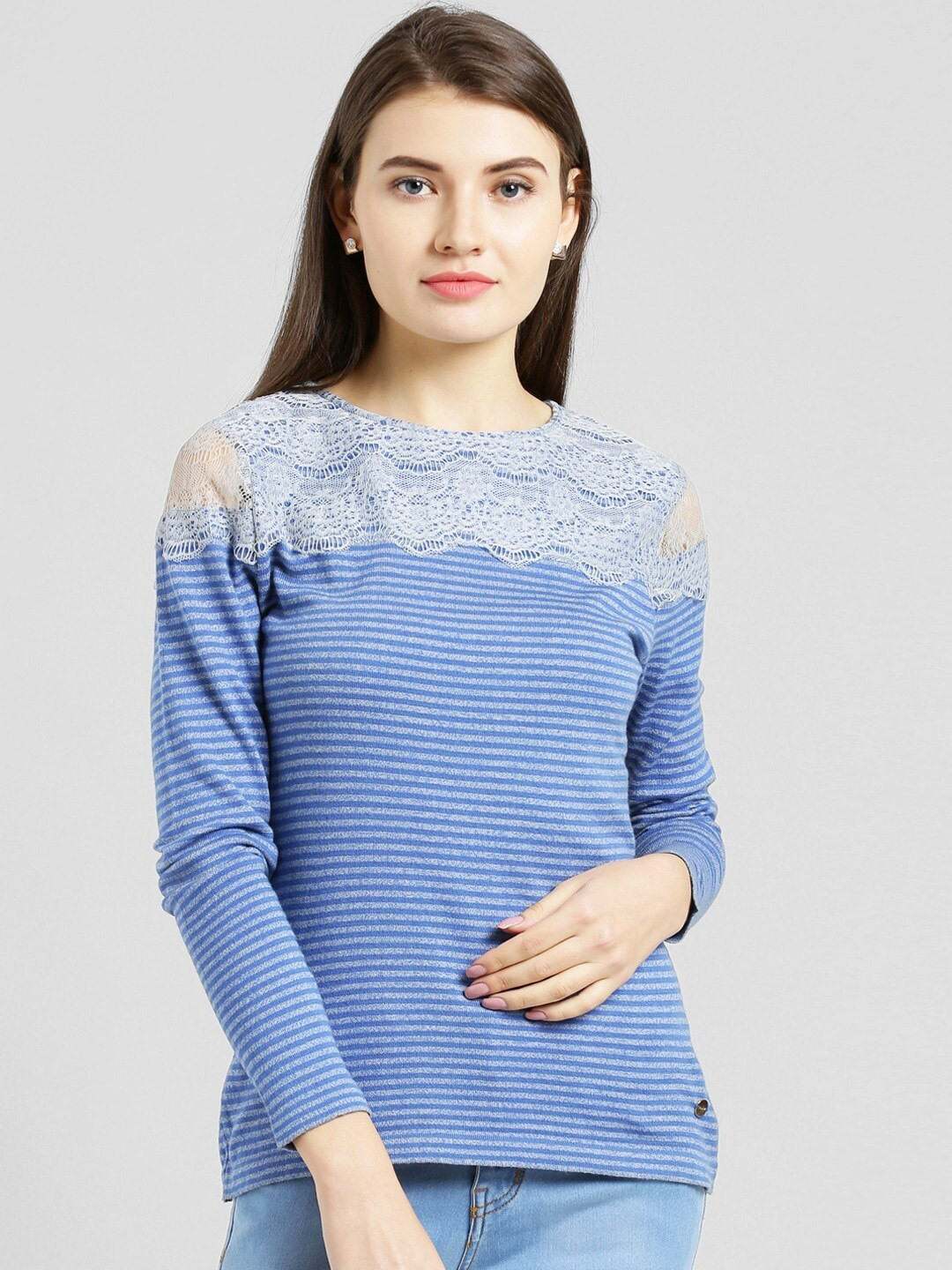 Be Indi Women Blue & White Striped Lace Insert T-shirt