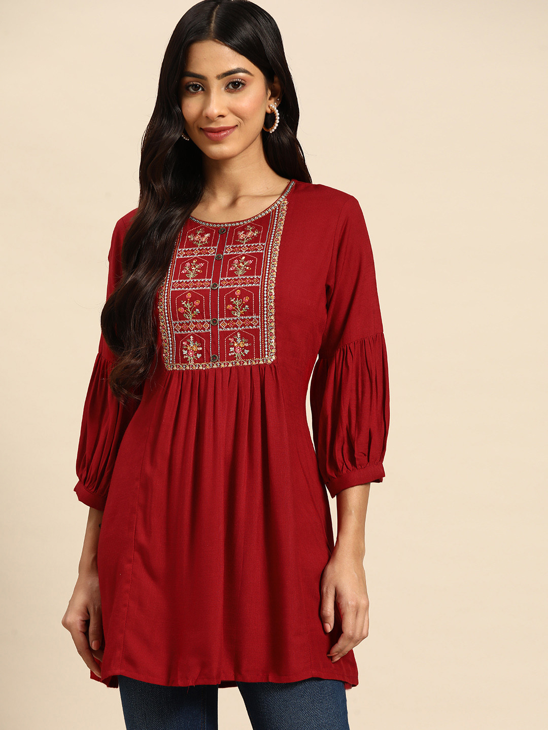 all about you Red Floral Embroidered Longline Top