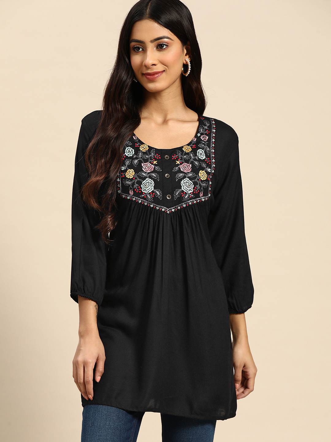 all about you Black Floral Embroidered Longline Top