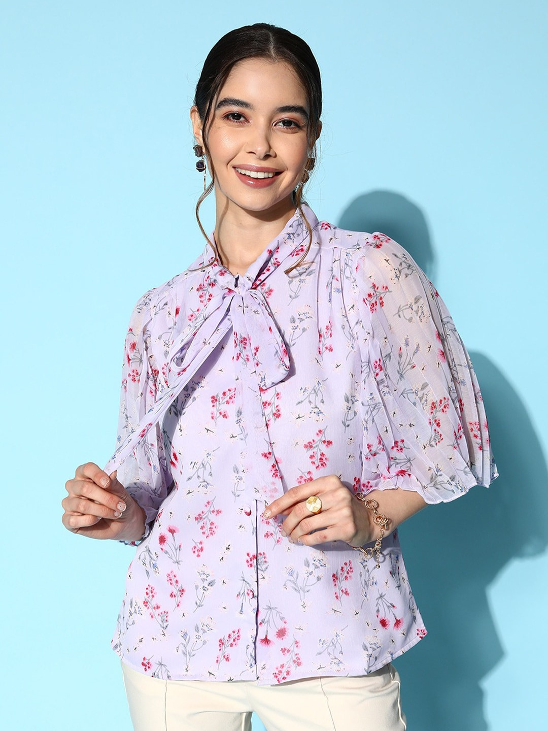 Berrylush Lavender & Green Floral Print Tie-Up Neck Chiffon Shirt Style Top