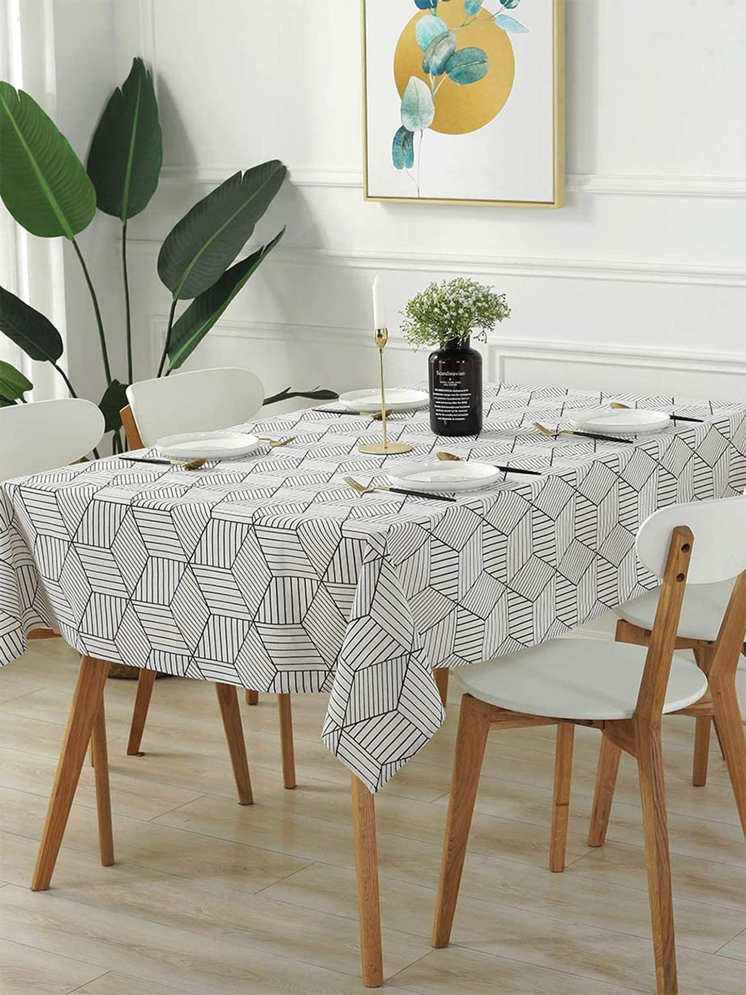 HOUSE OF QUIRK White Geometric Printed Dust-Proof 4-Seater Cotton Rectangular Table Cover