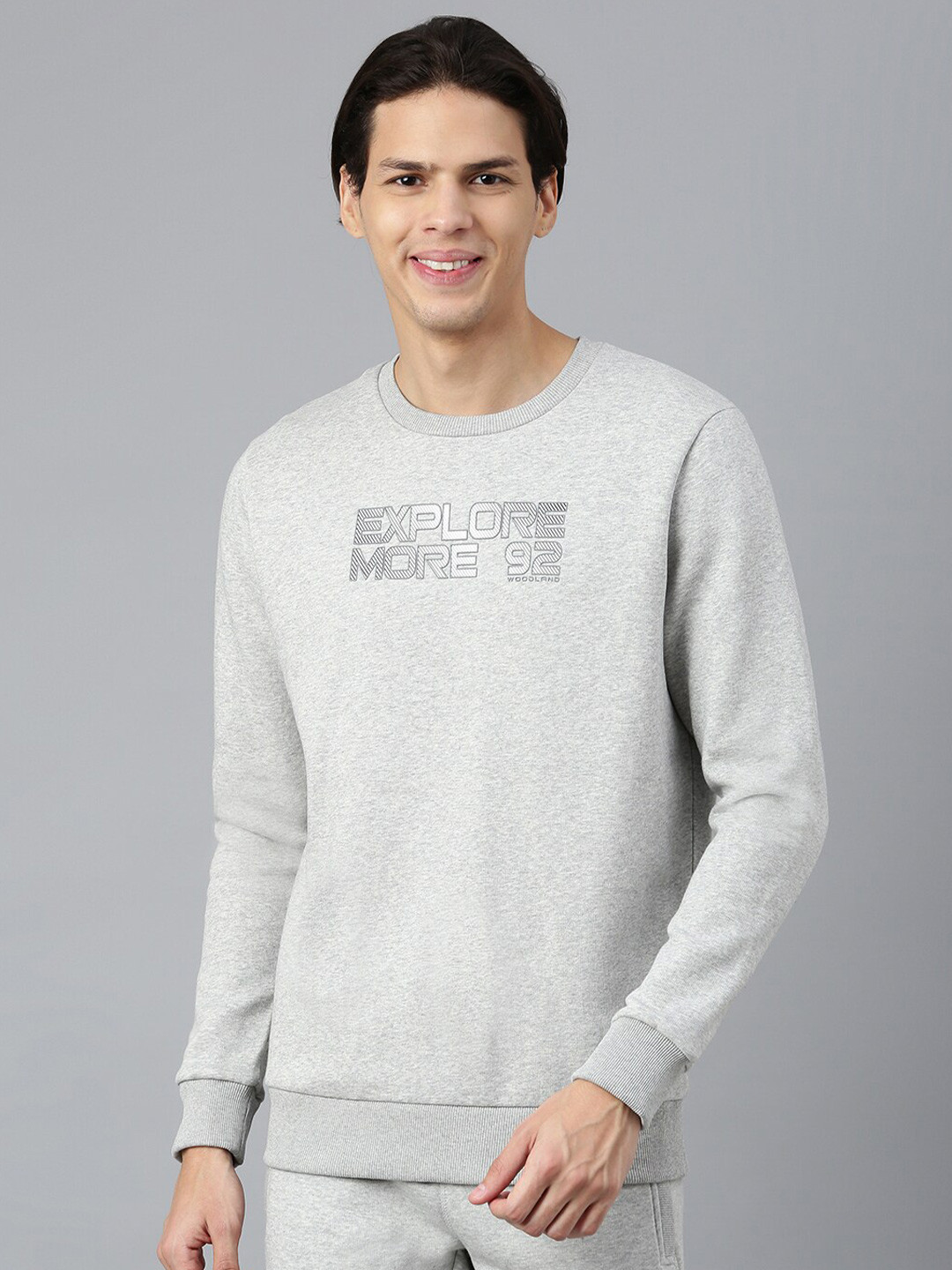 Woodland Men Grey Typography Printed Cotton Sweatshirt