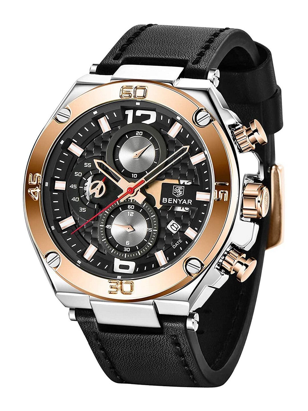 BENYAR Men Black Dial & Black Leather Bracelet Style Straps Analogue Chronograph Watch