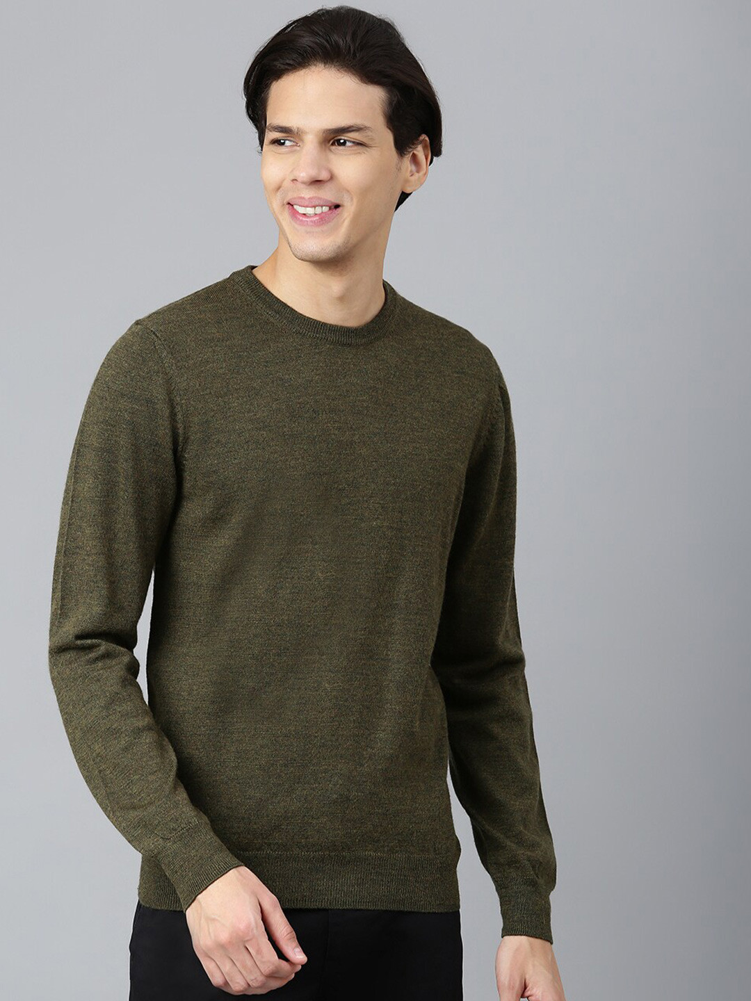 Woods Men Green Solid Round Neck Long Sleeves Pullover