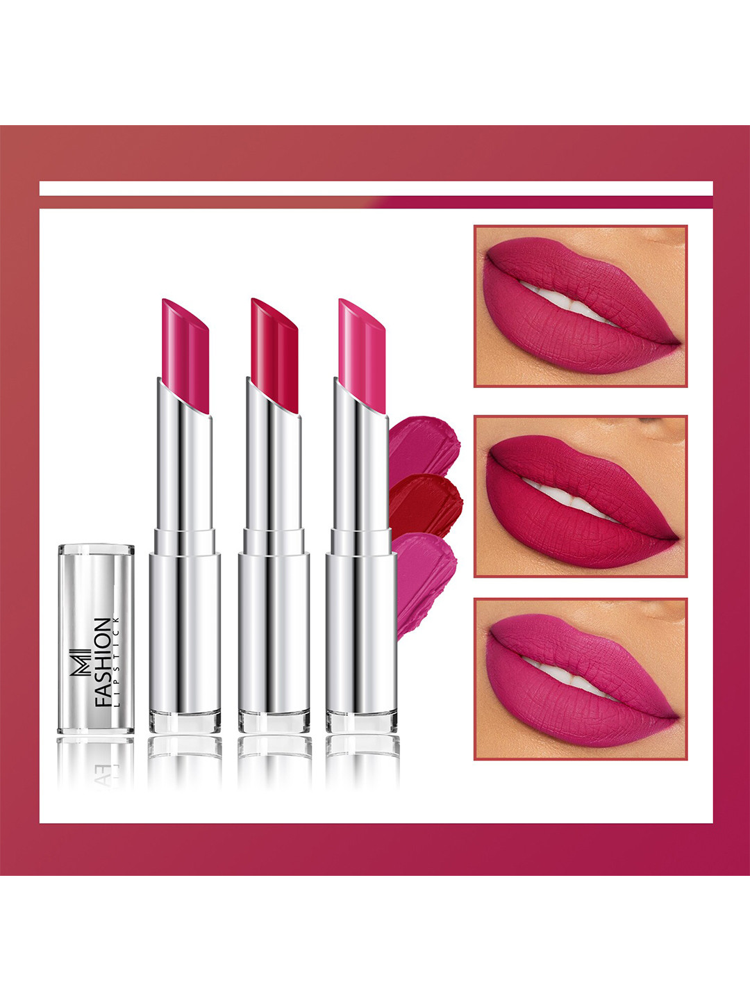 MI FASHION Set Of 3 Creme Matte Weightless Long Lasting Lipstick-  Pink, Pinkish Red, Rose Pink 10.5gm