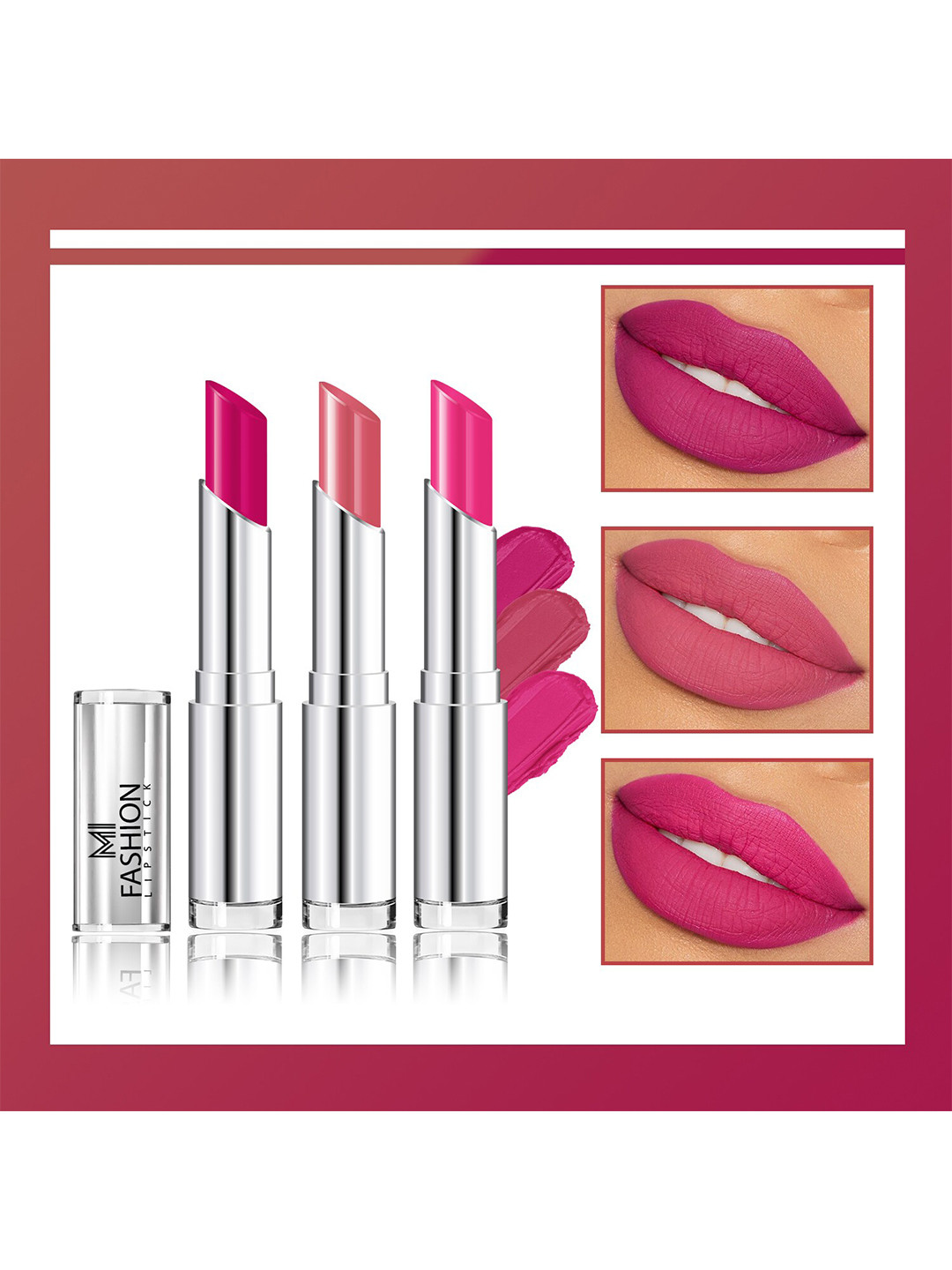 MI FASHION Set Of 3 Creme Matte Weightless Long Lasting Lipstick- Magenta, Peach, Pink ,10.5gm