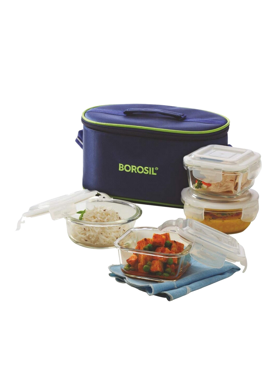 BOROSIL Klip-N-Store Transparent Set Of 4 Glass Lunch Box With Bag 320 ml & 400 ml