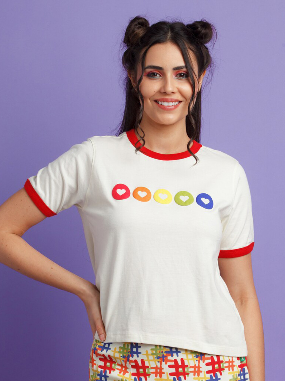 zink Z Women Off White & Red Printed Pure Cotton T-shirt