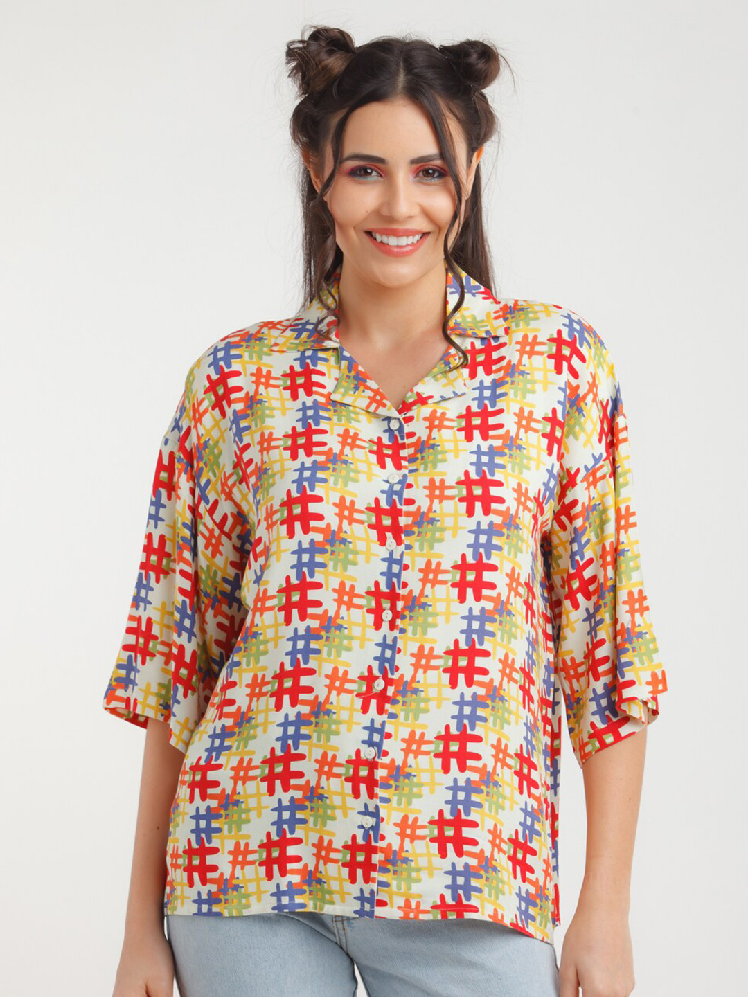 zink Z Women White & Red Geometric Printed Casual Shirt