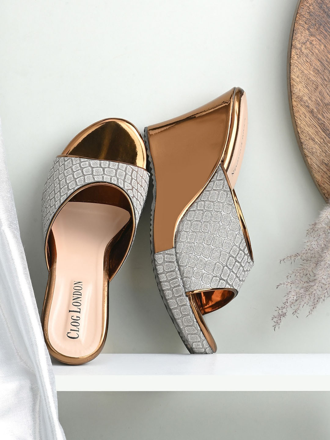 CLOG LONDON Copper-Toned & Silver-Toned Embellished Wedge Heels
