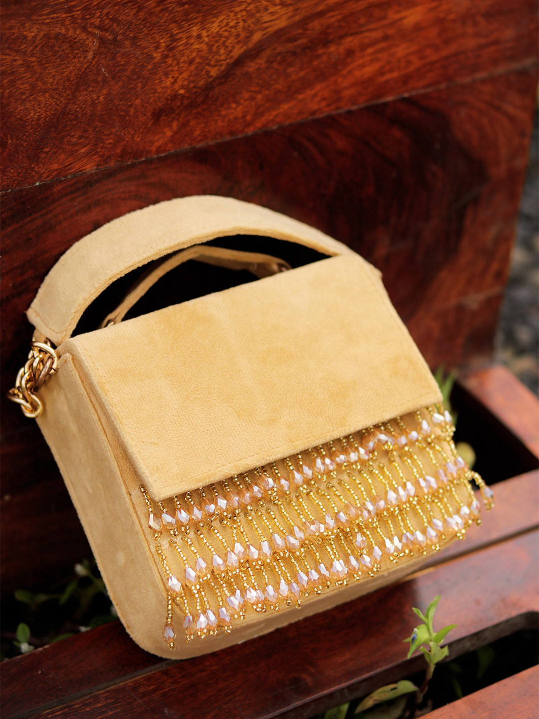 NR By Nidhi Rathi Gold-Toned & Off White Embroidered Tasselled Purse Clutch