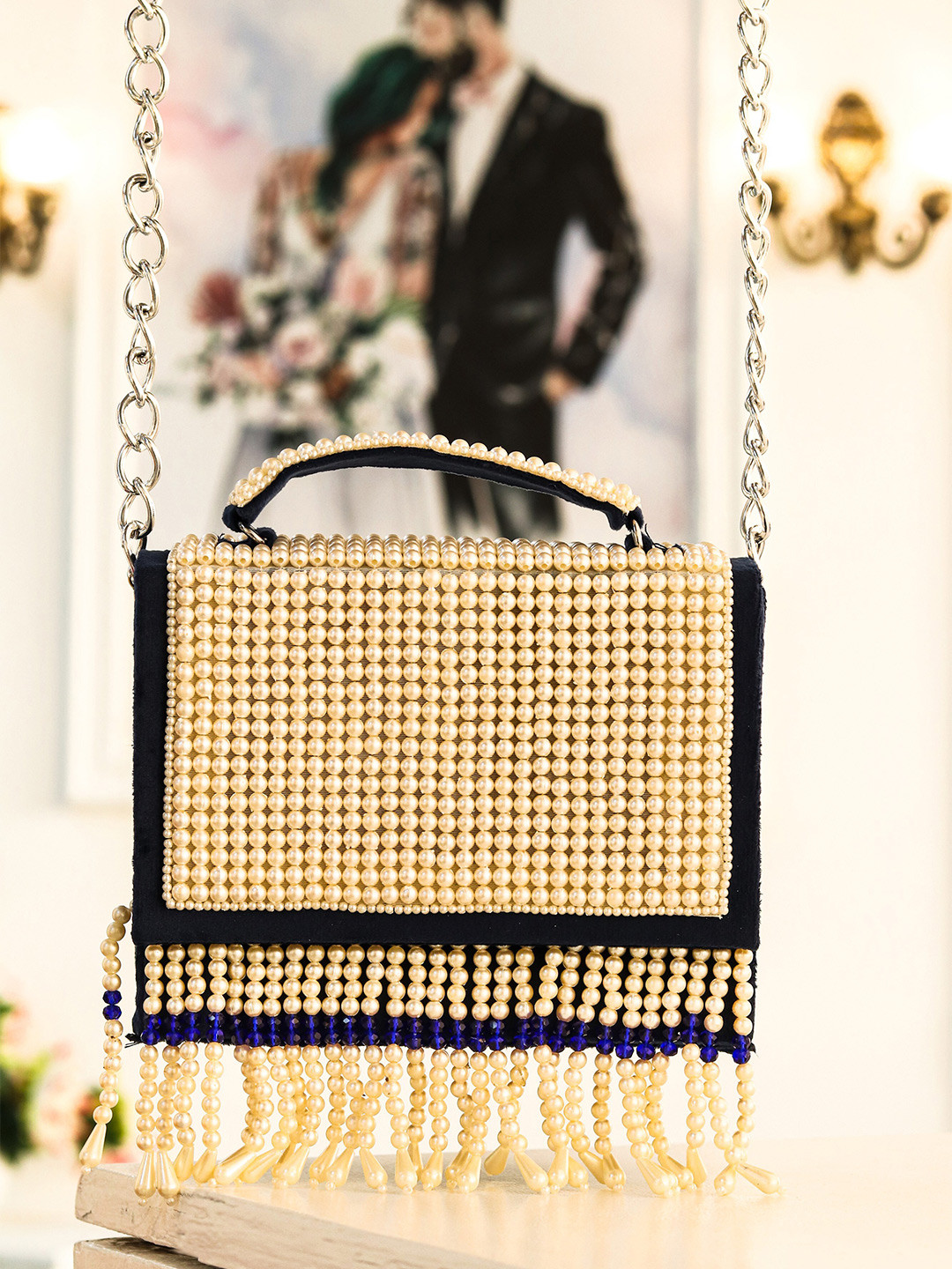 NR By Nidhi Rathi Navy Blue & White Embroidered Embroidered Box Clutch