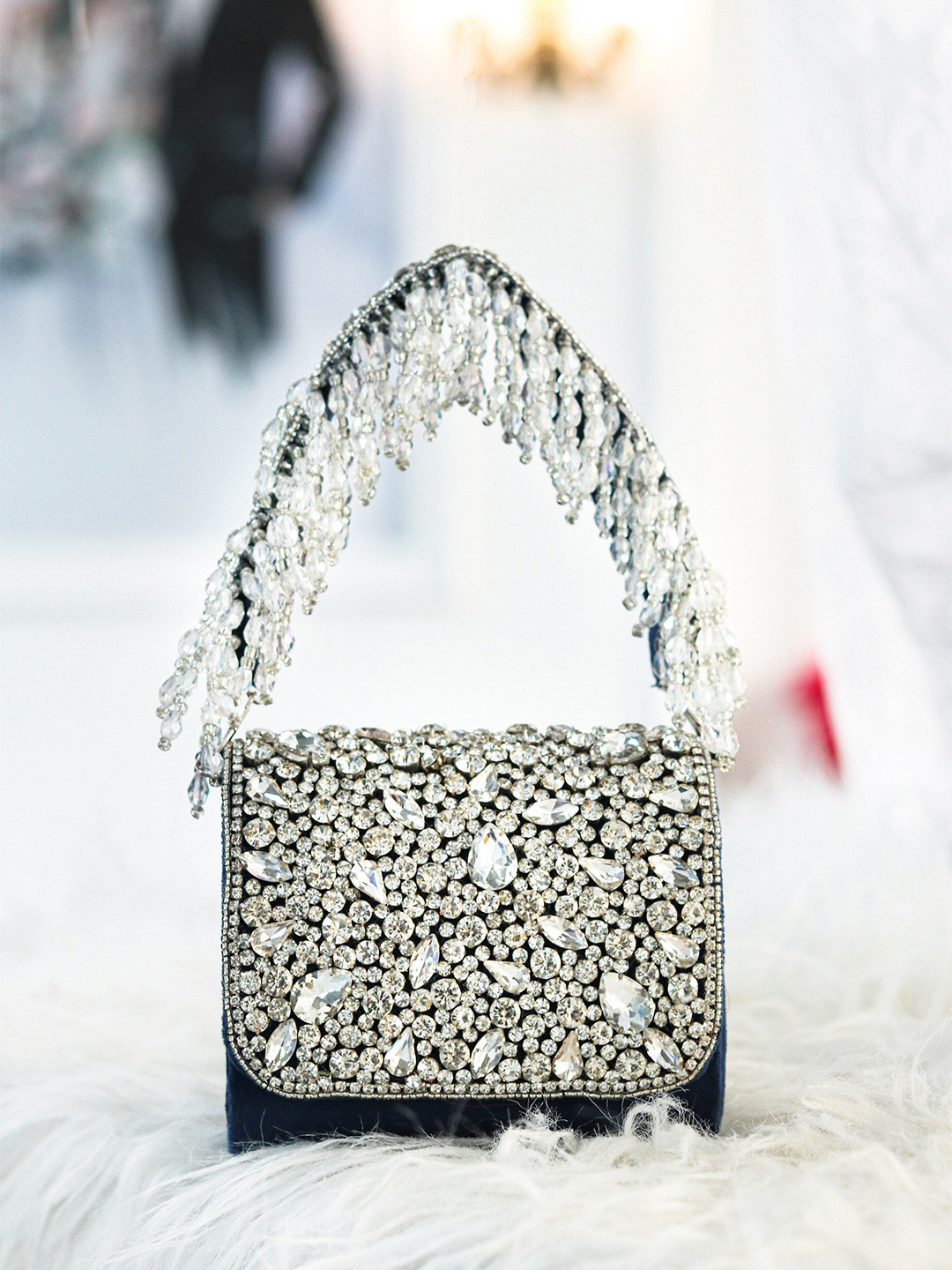 NR By Nidhi Rathi Navy Blue & White Embroidered Tasselled Purse Clutch