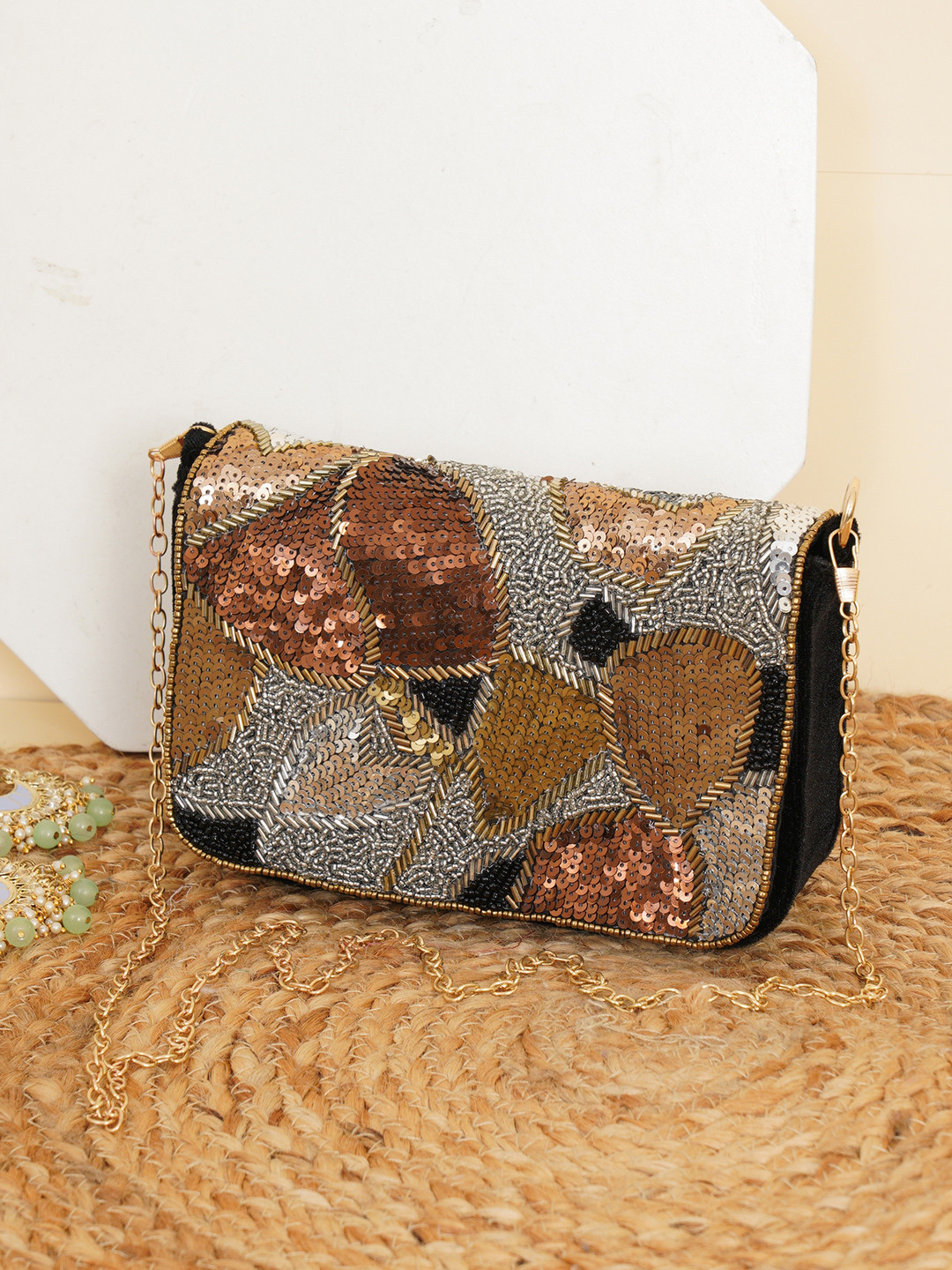 FABBHUE Black & Copper-Toned Embellished Envelope Clutch