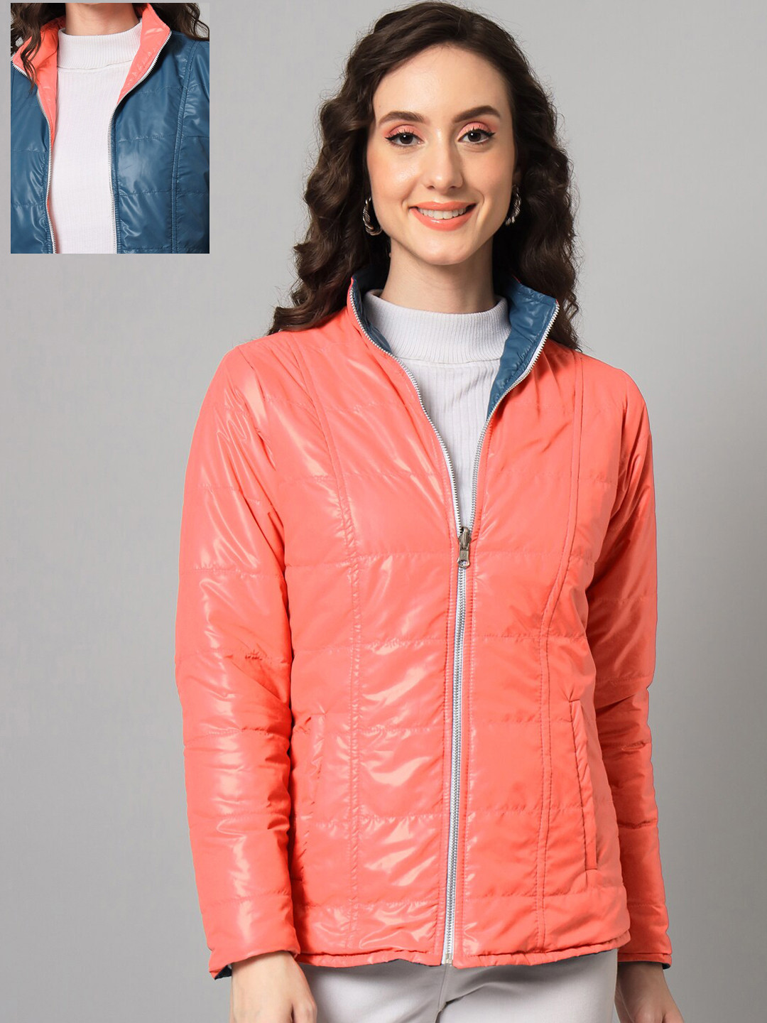 PURYS Women Coral & Blue Reversible Padded Jacket