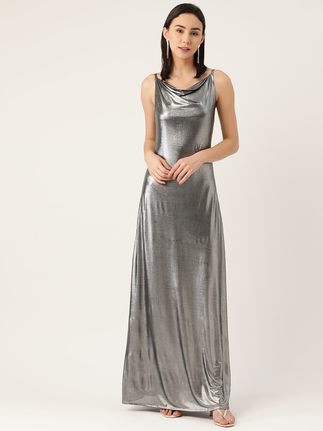 DODO & MOA Women Silver Embellished Cowl Neck Maxi Dress