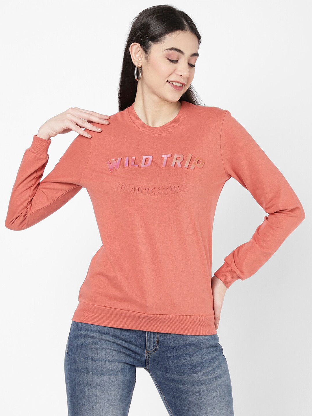 R&B Women Peach-Coloured Printed Sweatshirt