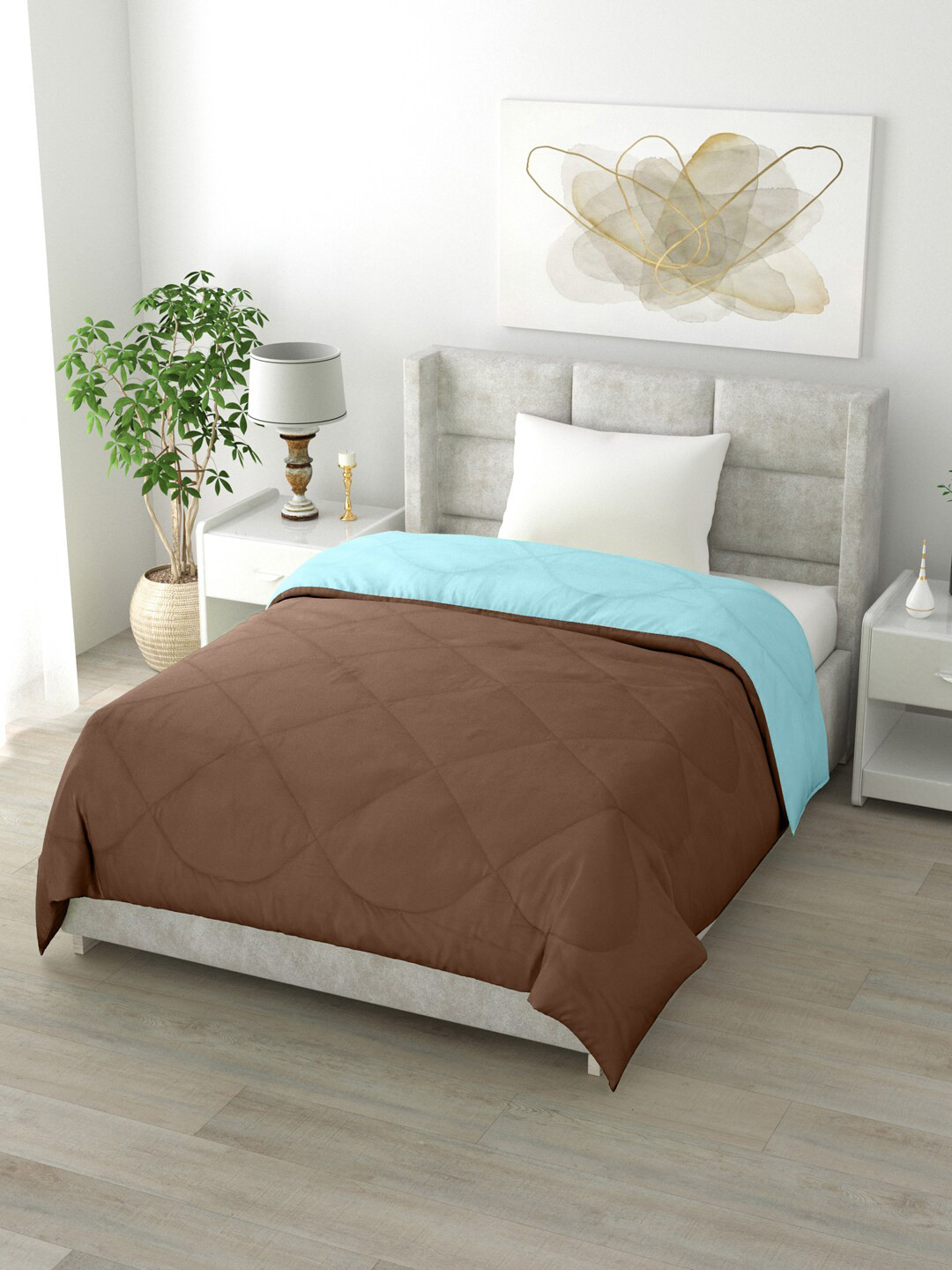 Clasiko Brown & Turquoise Blue Solid Mild Winter 200 GSM Reversible Single Bed Comforter