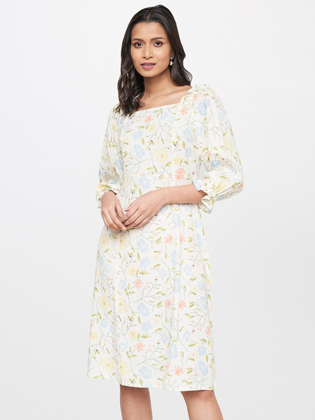 AND Off White Floral Linen A-Line Dress