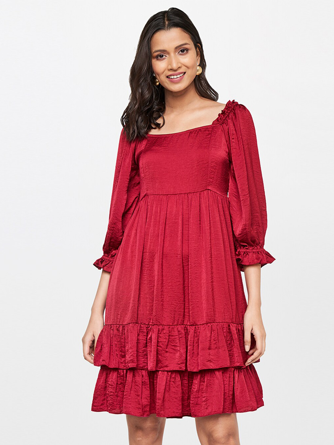 AND Red Solid Layered Puff Sleeves Dress