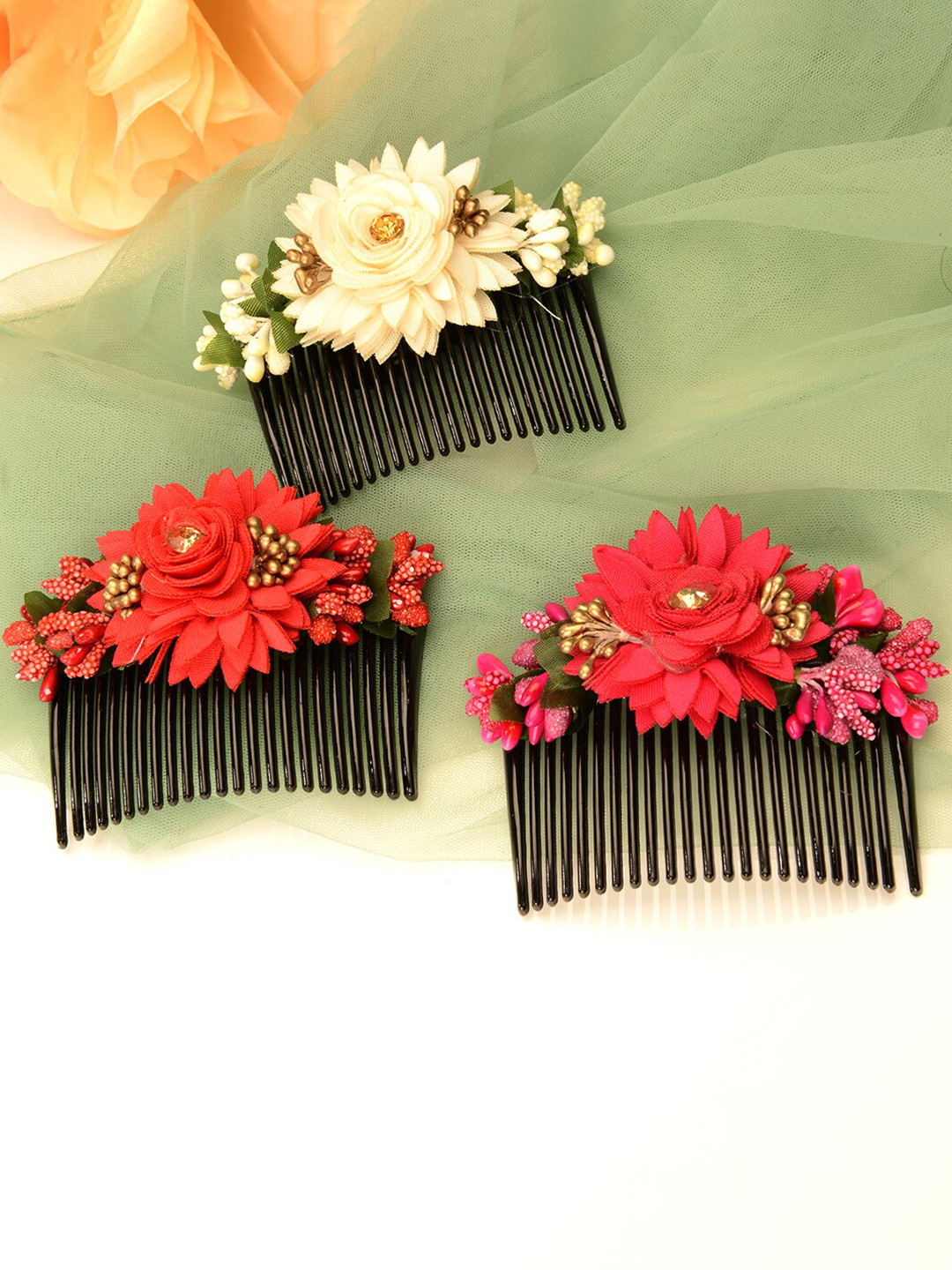 LAIDA Women Black & Red Set of 3 Beaded Comb Pin