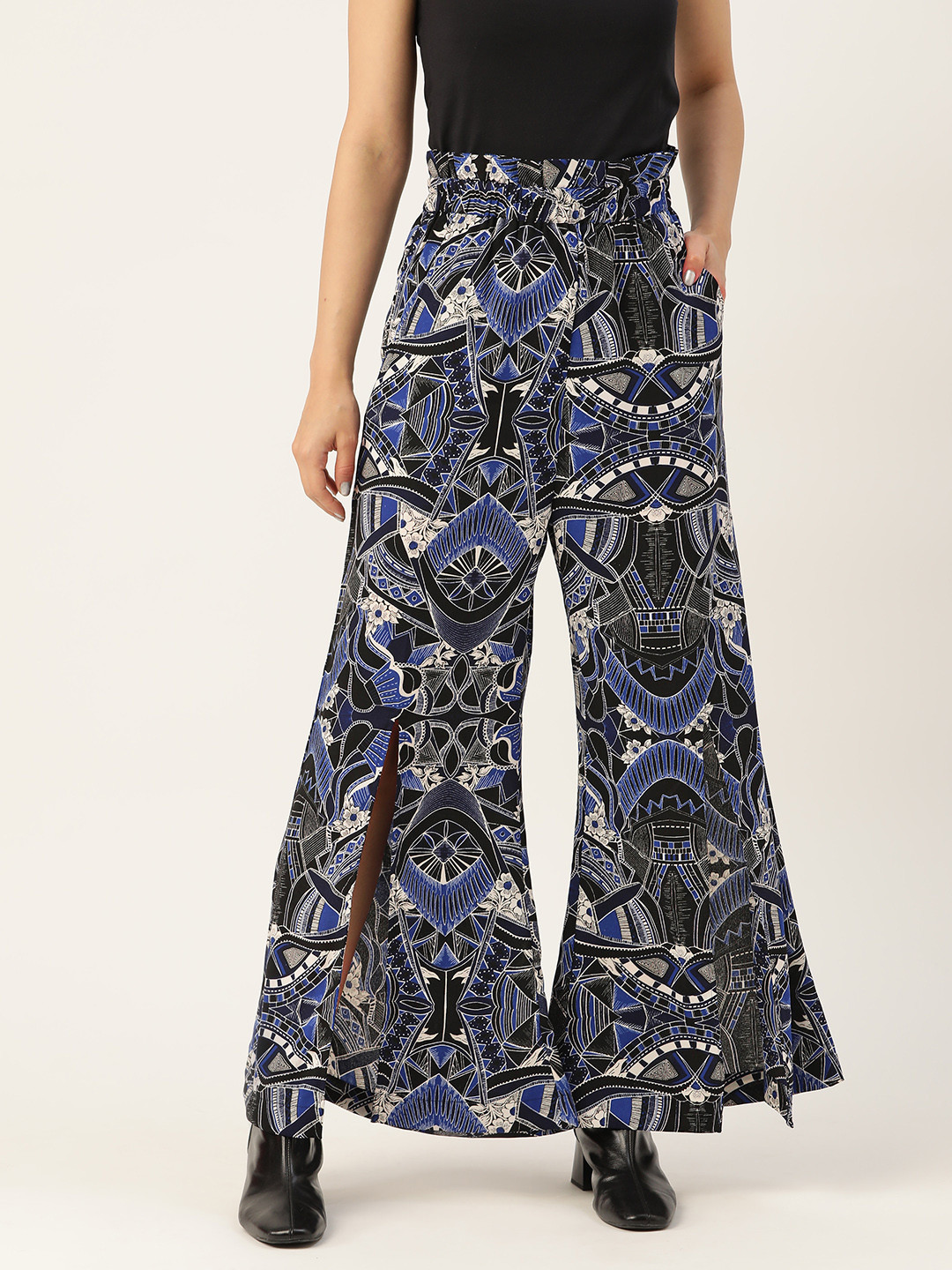 Antheaa Women Black & Blue Printed Comfort Front Slit Flared High-Rise Wide Leg Trousers