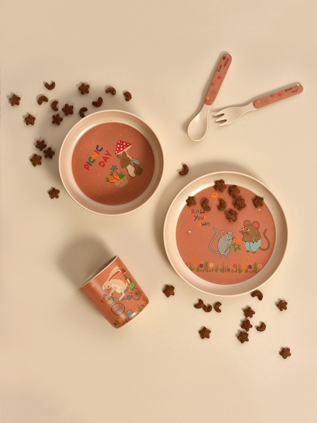 MiArcus Bunny Cuddle Brown Animal Print Bamboo Dishwasher Safe 5 Piece Dinner Set