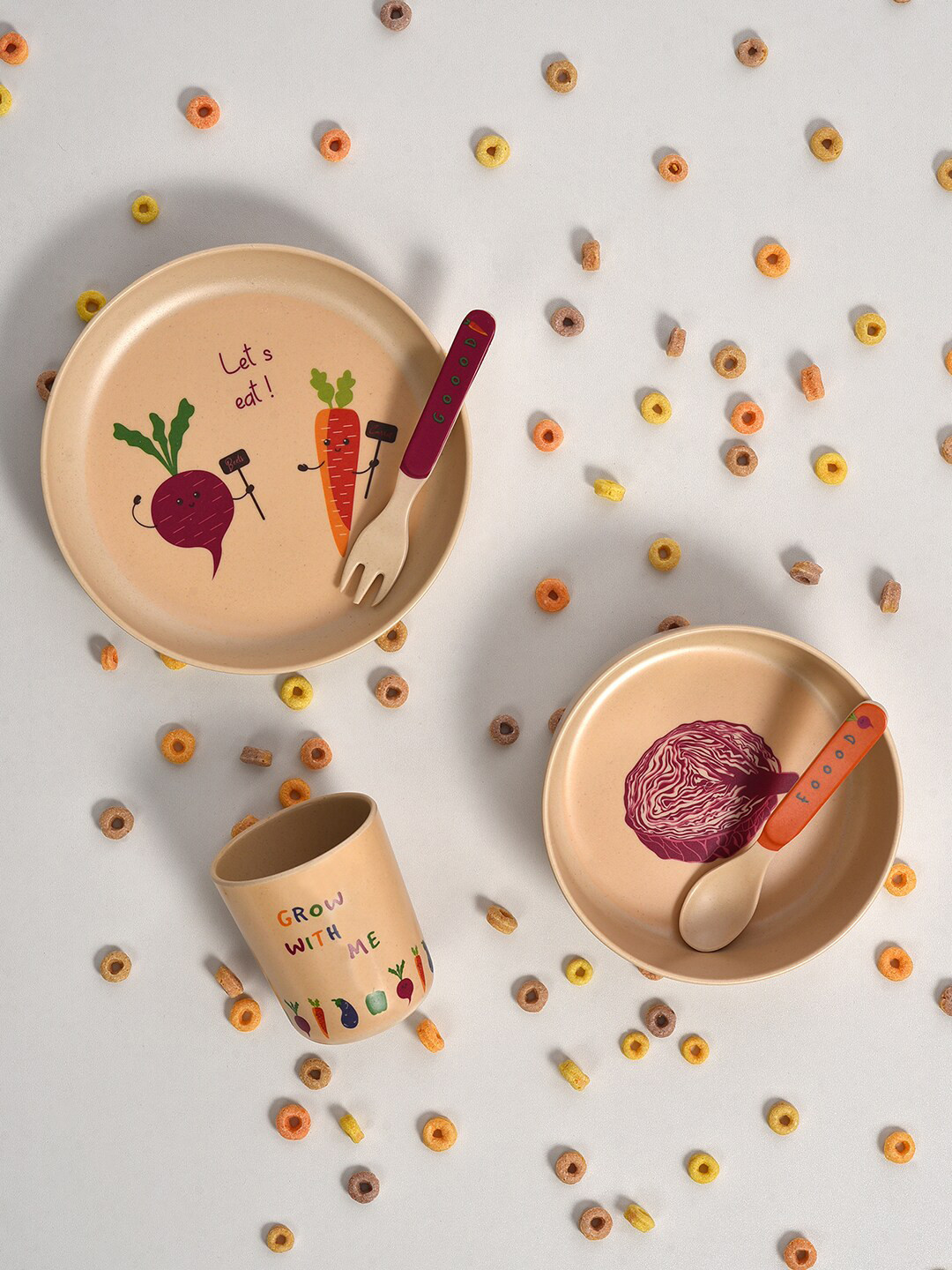 MiArcus Good Food Cuddle Brown Graphic Bamboo Dishwasher Safe 5 Piece Dinner Set