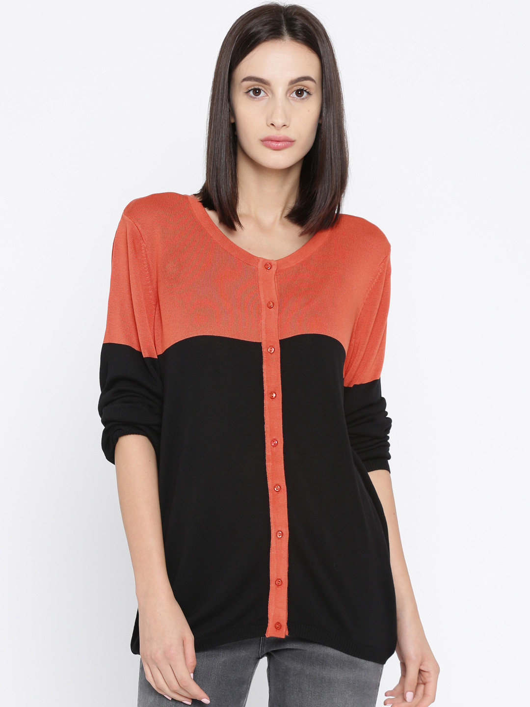 Annabelle by Pantaloons Women Coral Orange & Black Colourblocked Cardigan