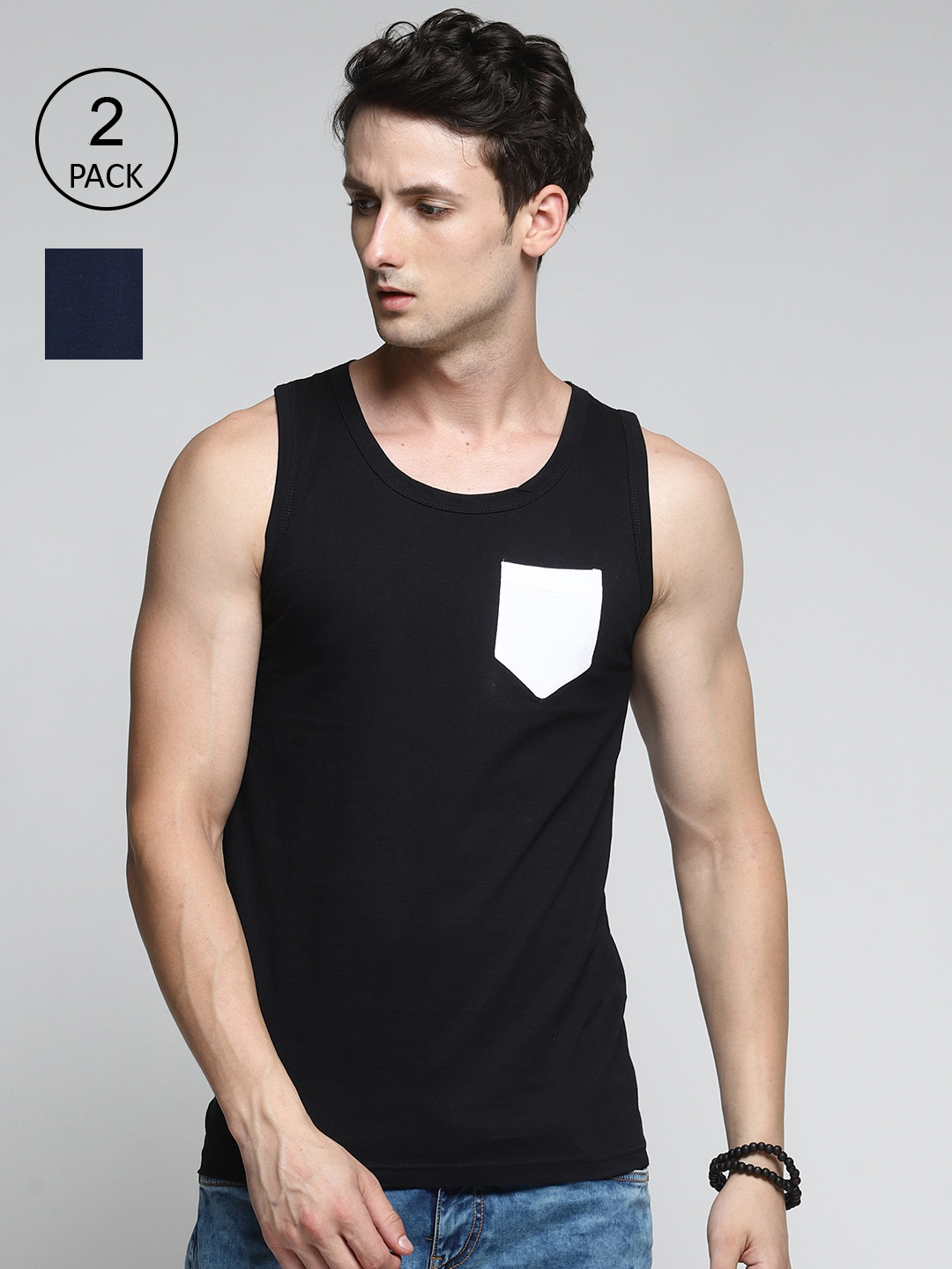 Trends Tower Men Pack Of 2 Black & Dark Blue Solid Cotton Innerwear Vests