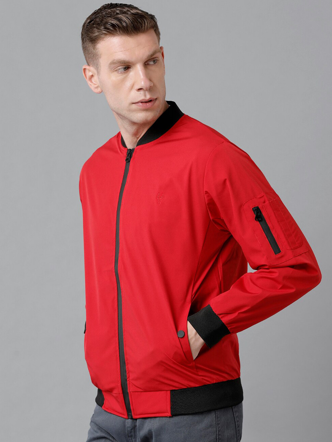 Classic Polo Men Red & Black Solid Long Sleeves Bomber Jacket