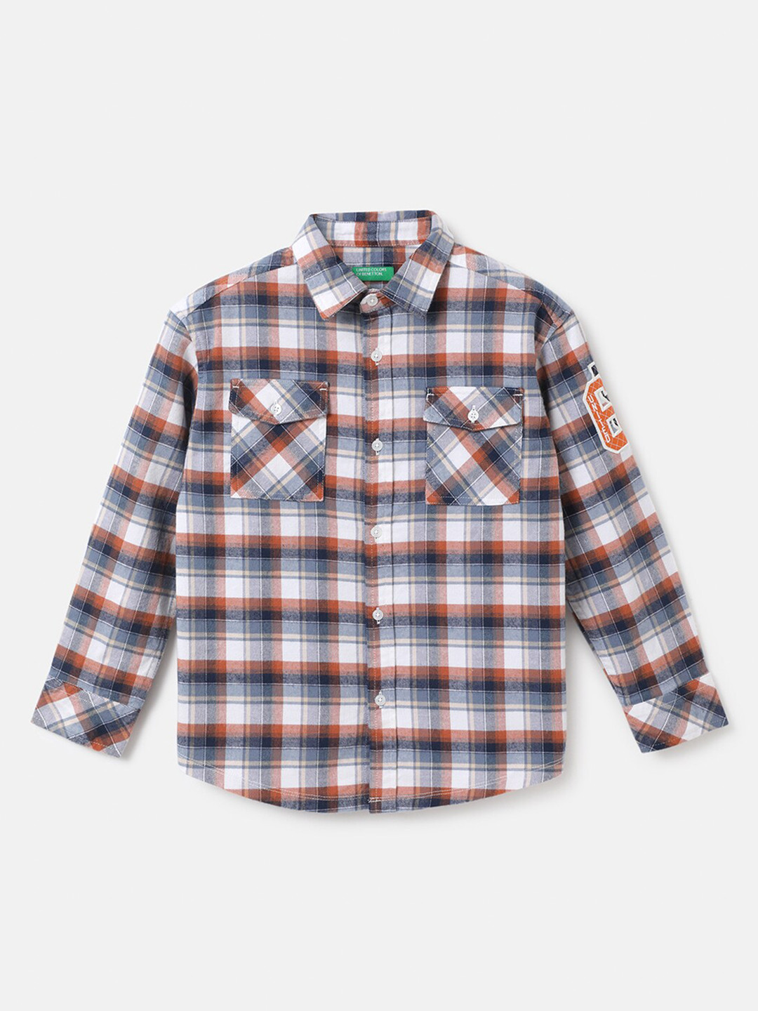 United Colors of Benetton Boys White Cotton Checked Casual Shirt