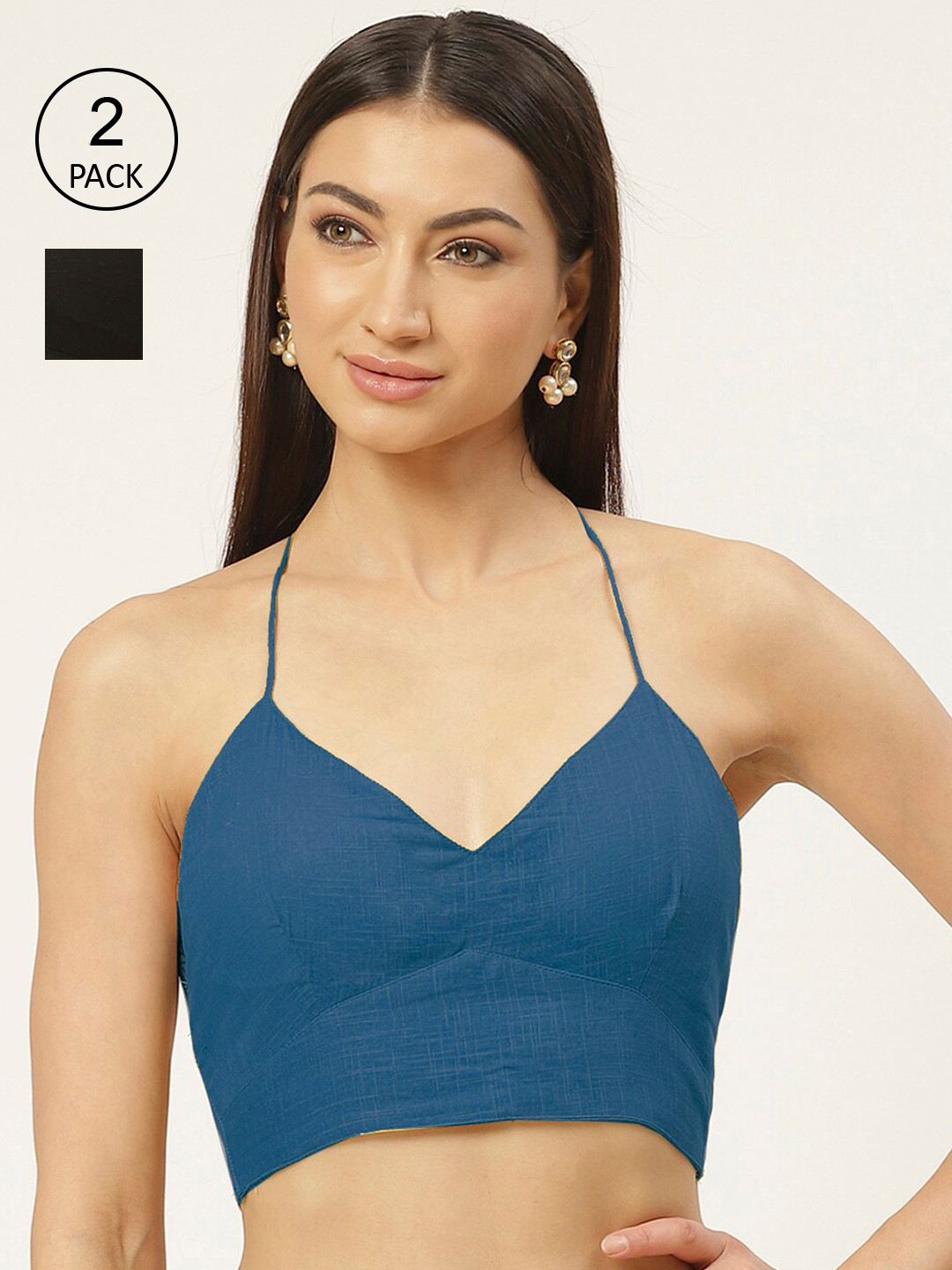 Molcha Women Pack Of 2 Black & teal Blue Solid Pure Cotton Padded Saree Blouse