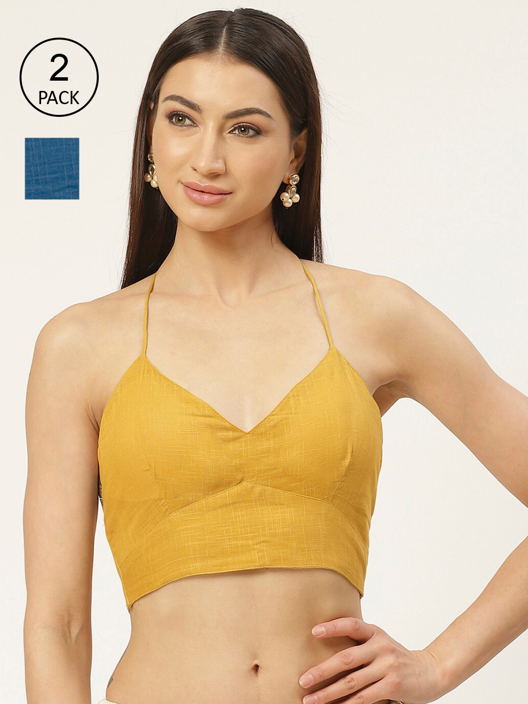 Molcha Women Pack Of 2 Mustard Yellow & Teal Blue Solid Pure Cotton Saree Padded Blouse