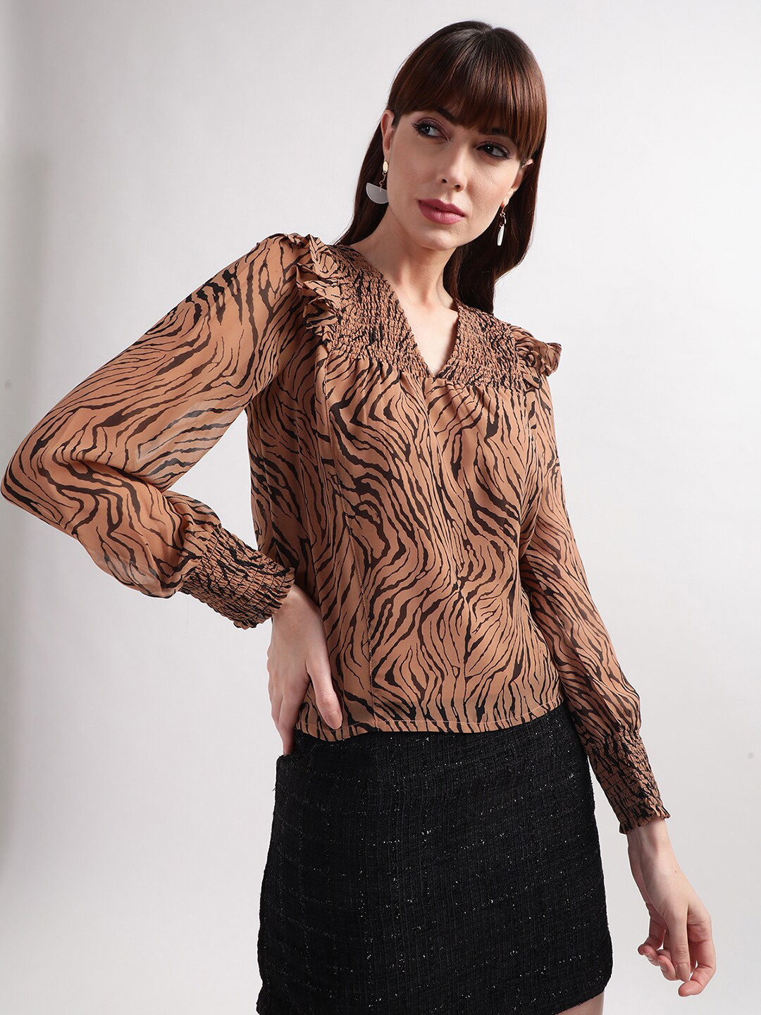CENTRESTAGE Women Brown & Black Animal Printed V-Neck Top