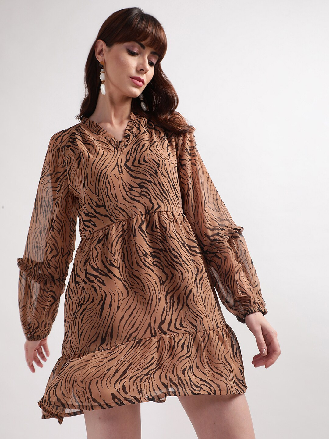 CENTRESTAGE Women Brown & Black Animal Printed A-Line Dress